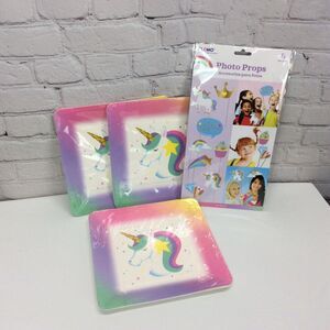 Rainbow Unicorn Birthday Party Plates (3 Pks) & Photo Booth Props Paper Sparkle